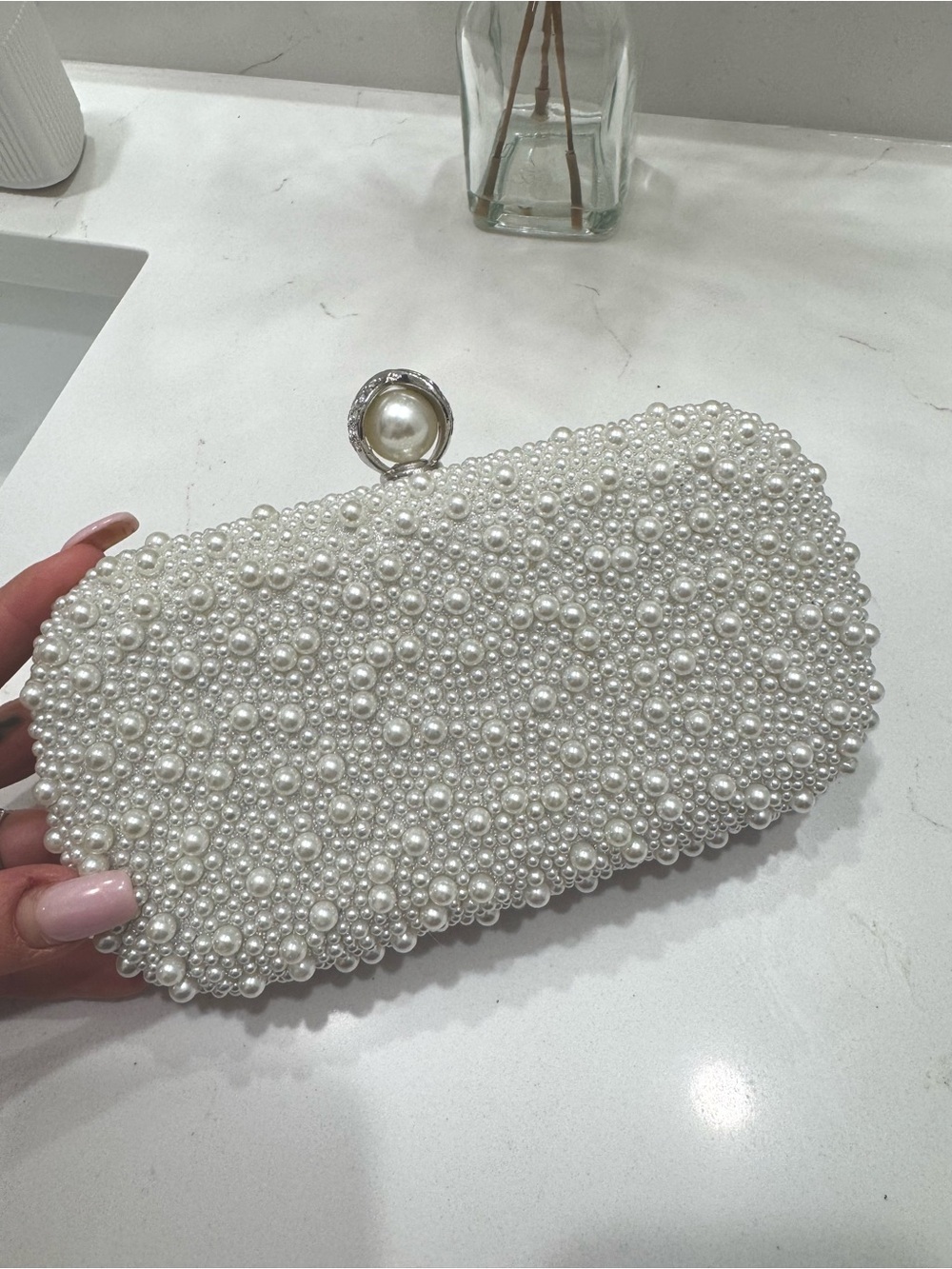 Pearl Beaded White Clutch - Bridal